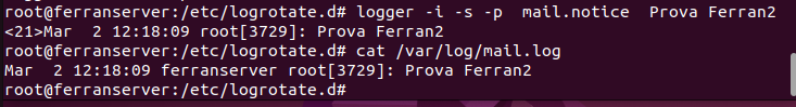 logger mail.notice Prova Ferran2 + cat mail.log