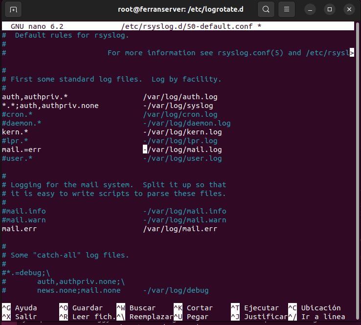 nano /etc/rsyslog.d/50-default.conf - mail.=err actiu