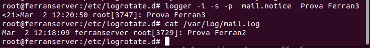 logger mail.notice Prova Ferran3 + cat mail.log