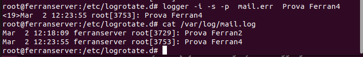 logger mail.err Prova Ferran4 + cat mail.log