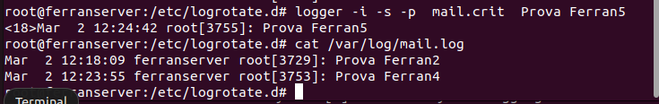 logger mail.crit Prova Ferran5 + cat mail.log