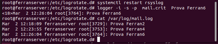 systemctl restart rsyslog + logger mail.crit Prova Ferran6