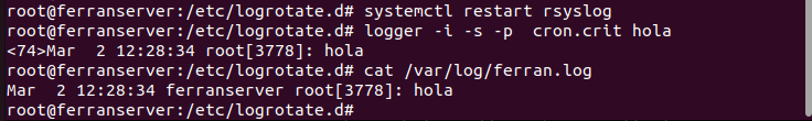 logger cron.crit hola + cat /var/log/ferran.log