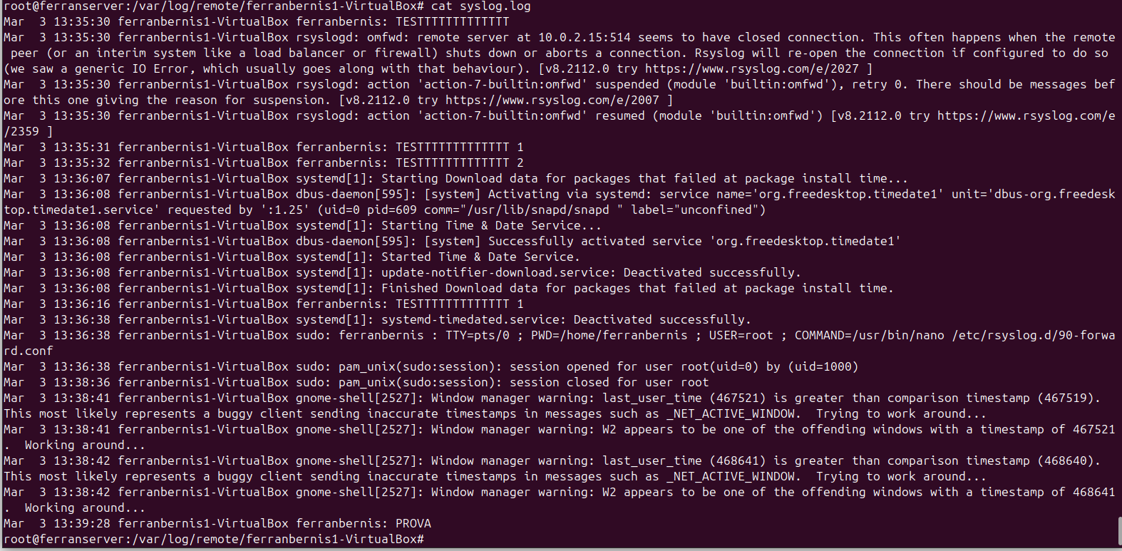 cat syslog.log - missatge PROVA rebut